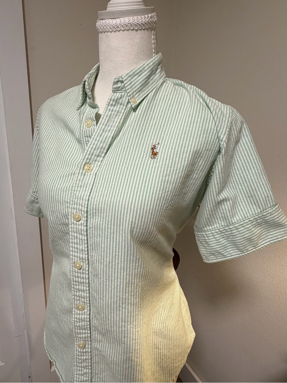 Ralph Lauren Green & White Striped Seersucker Button-Down Shirt Pony Classy